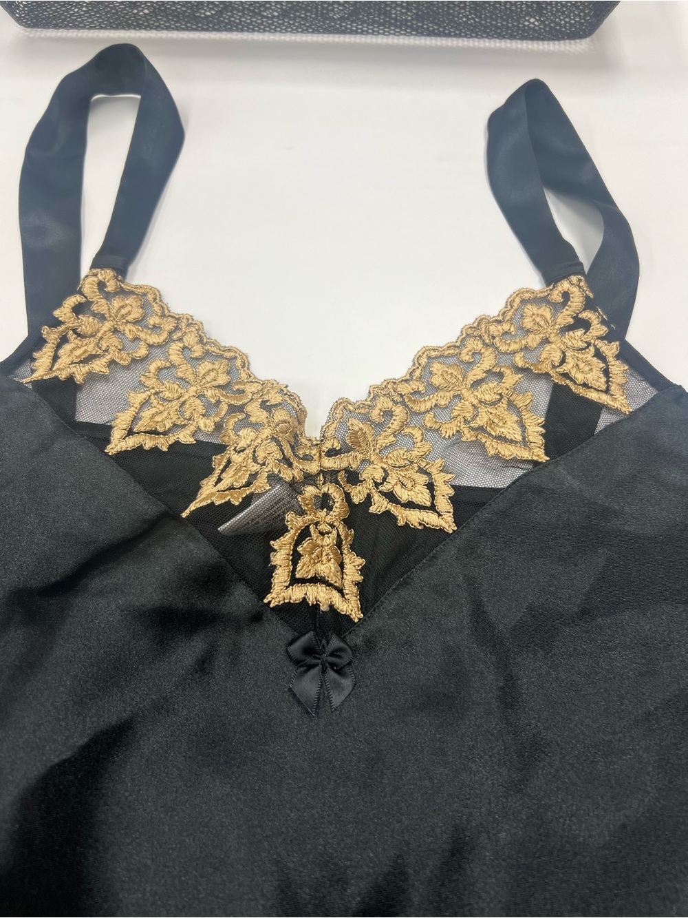 Secret Treasures Black Satin Sleepwear Set with Gold Embroidered Detail Boxer L